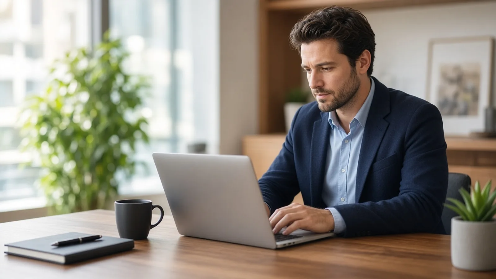 Professional working on a laptop in a modern enterprise office workspace