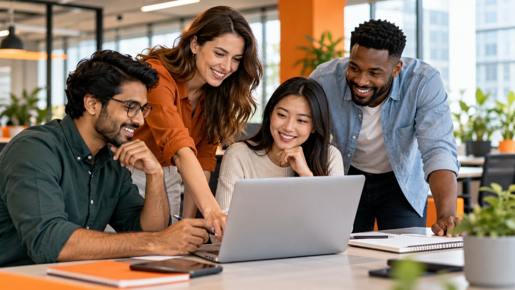 Digitalsofts team collaborating around a laptop in a modern office