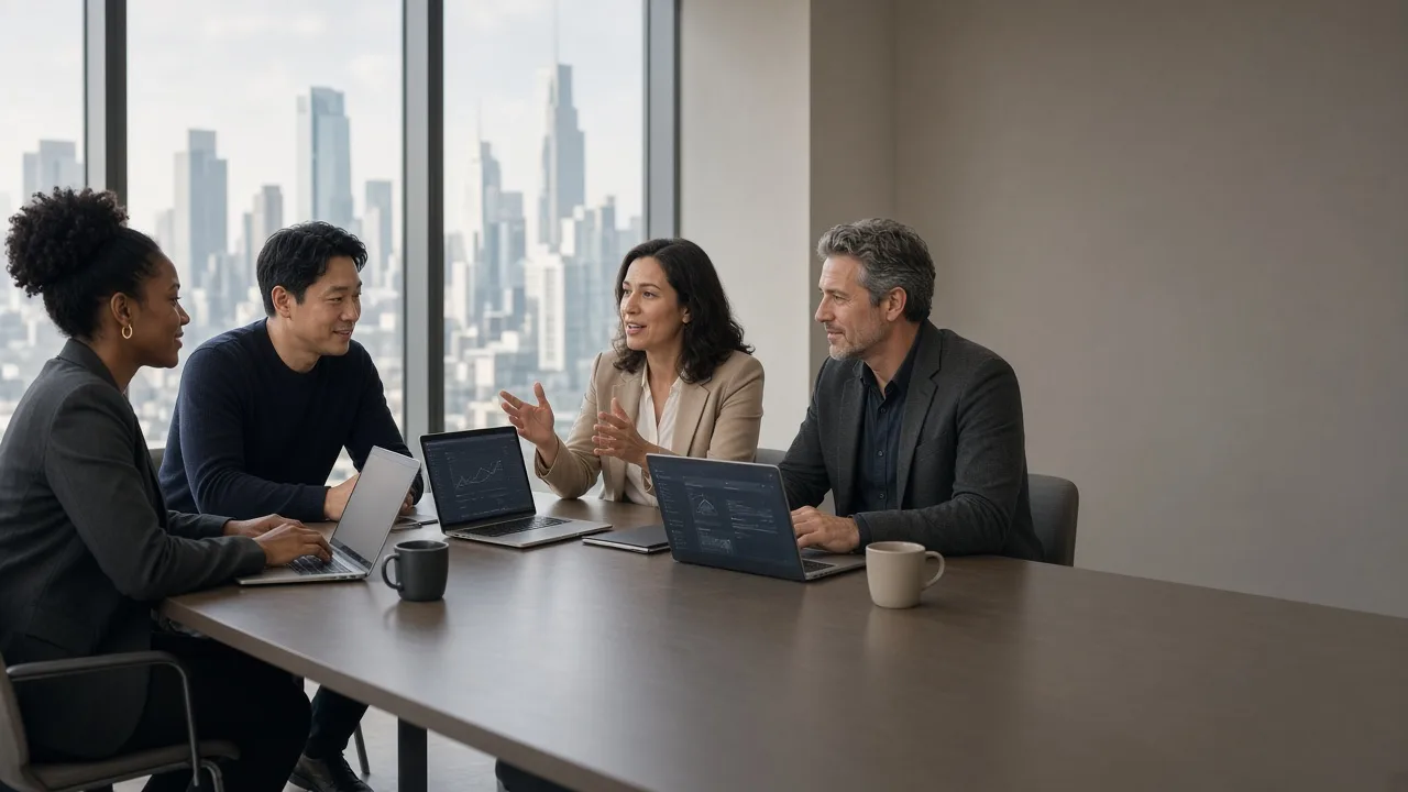 Diverse enterprise technology professionals collaborating in a modern office with an international city skyline