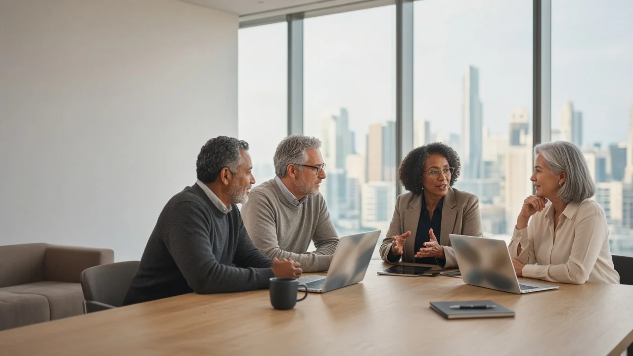 Experienced enterprise professionals collaborating in a modern office meeting