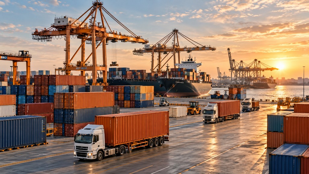 Container port logistics operations with fleet transport and cargo handling