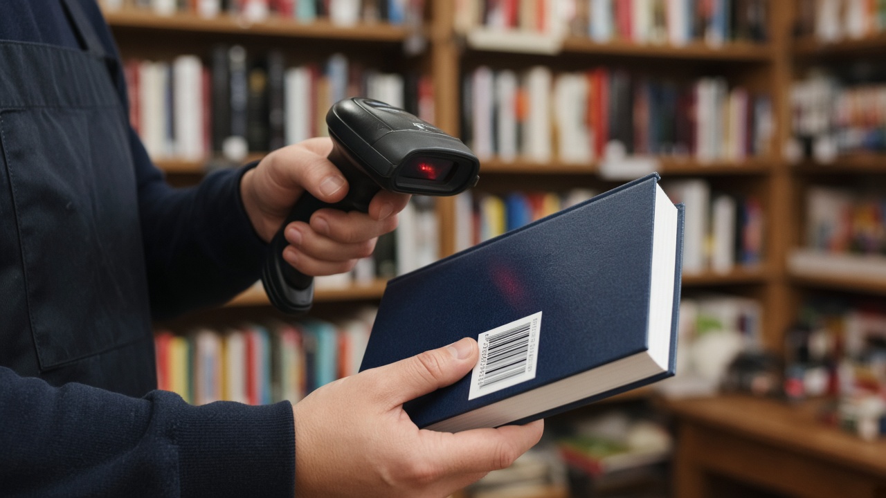 Staff scanning ISBN barcode on bookstore inventory