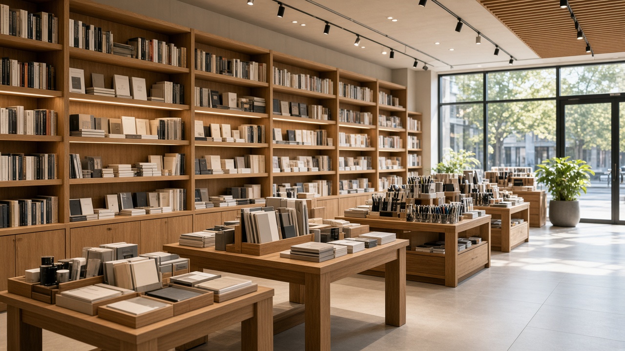 Modern bookstore and stationery shop interior