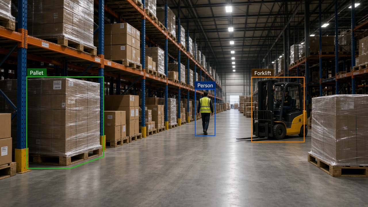 Computer vision detecting pallet, person and forklift in a warehouse aisle