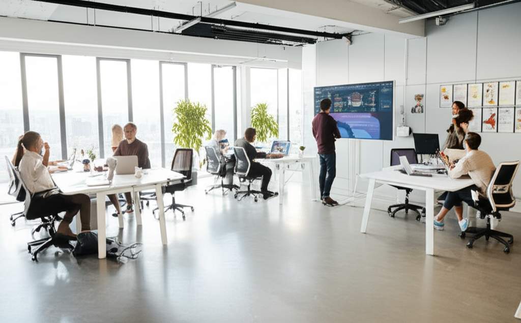 Software engineering team collaborating in a modern technology office