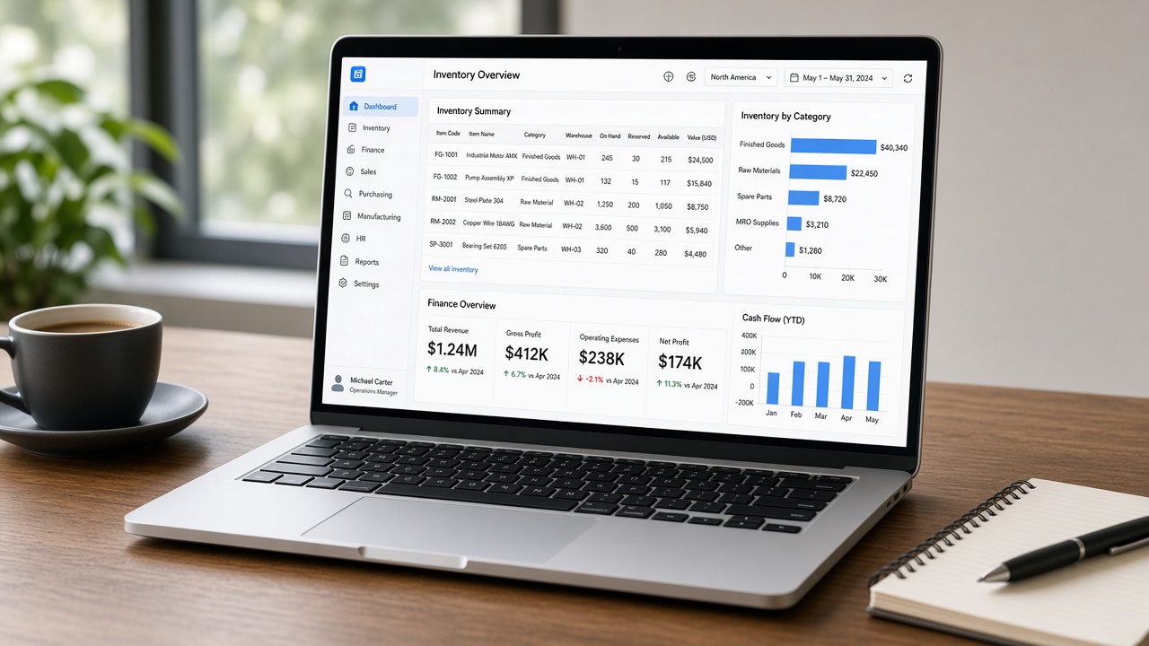Digitalsofts ERP inventory overview dashboard on a laptop