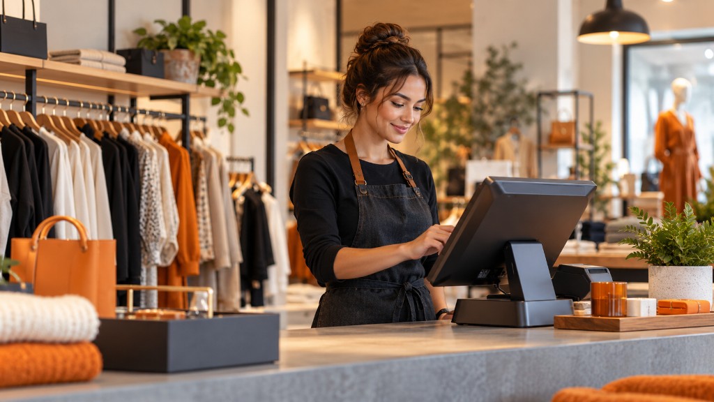 Retail associate using a modern POS terminal in a boutique